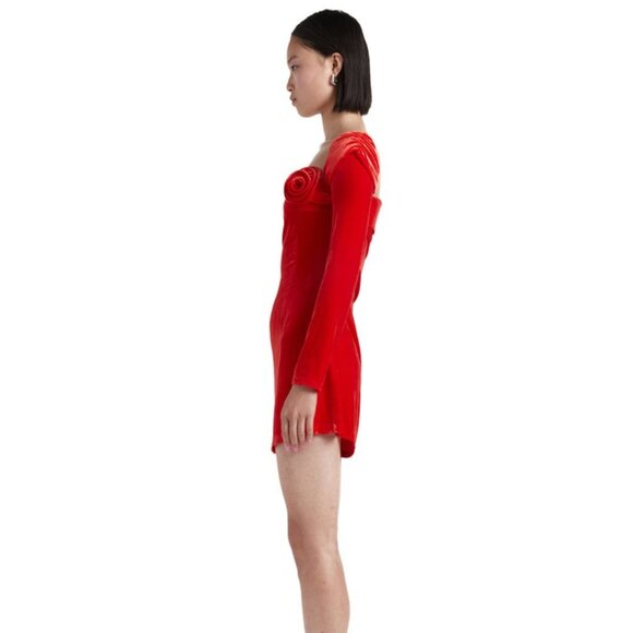 Mirae Scarlette Dress in Red velvet long sleeve off shoulder mini asymetrical - Picture 2 of 11